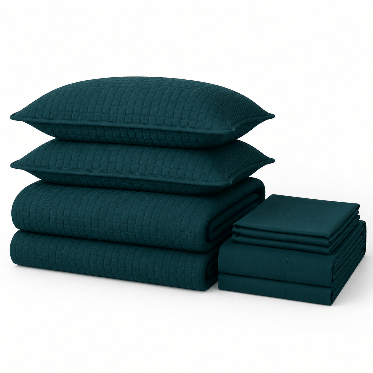 Aarniva Quilted Bedding set in deep teal, featuring soft lightweight quilted bedding queen with pillows and sheets.