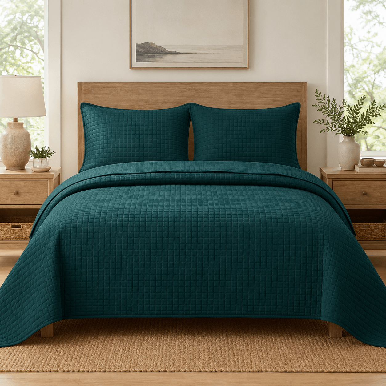 Aarniva quilted bedding queen set in deep teal, soft lightweight quilted bedding queen for modern bedroom decor.