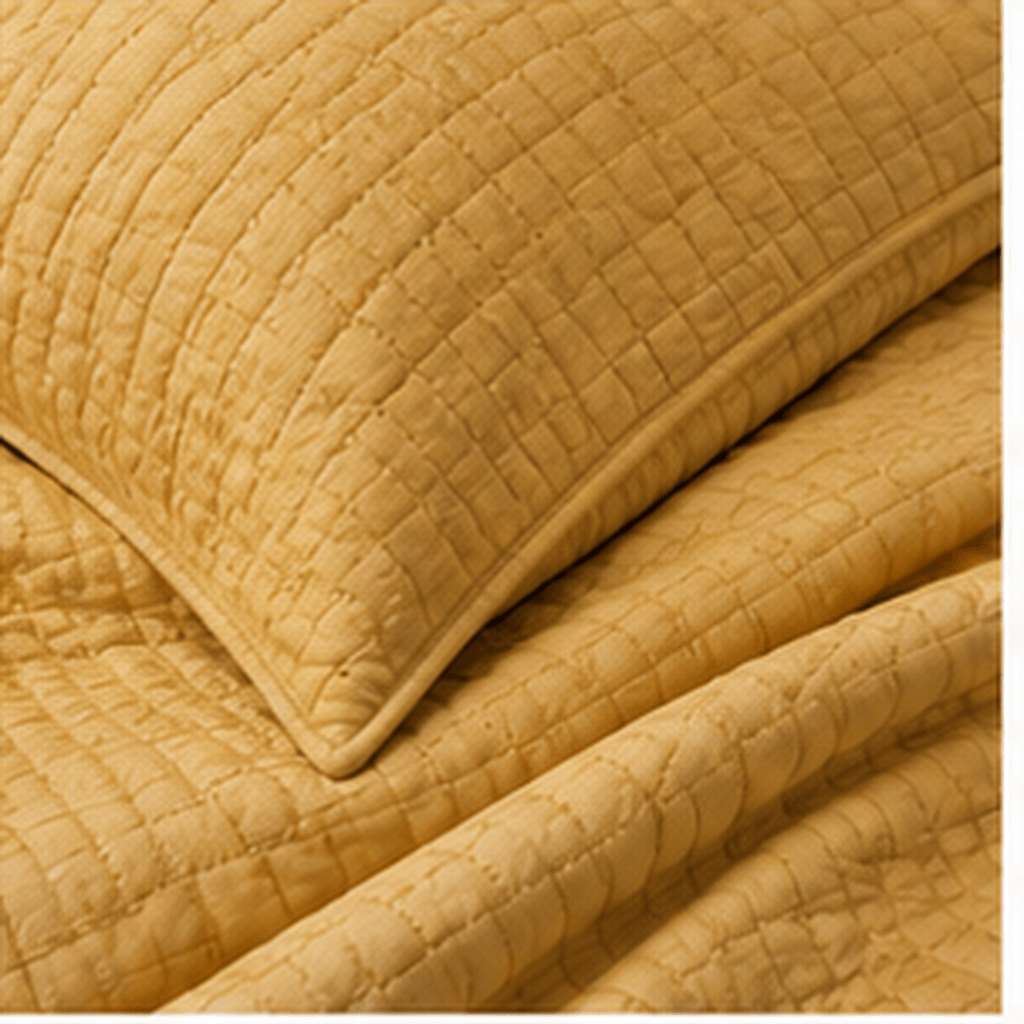 Aarniva quilted bedding set in golden mustard color, featuring soft and lightweight quilted texture and pillow.