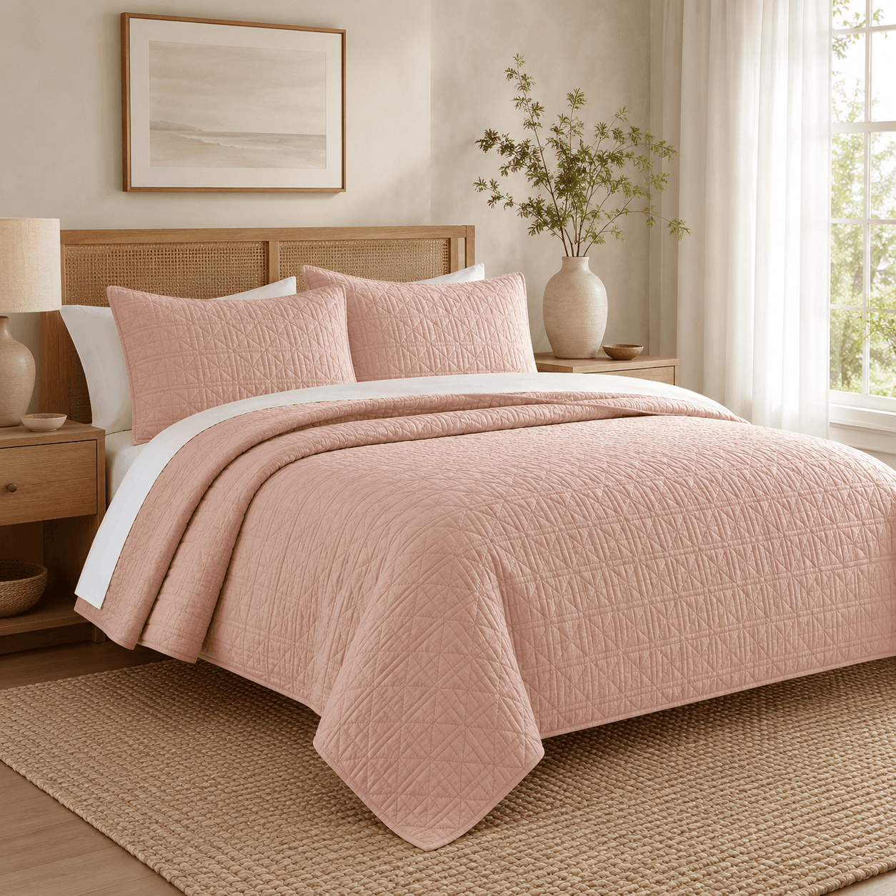 Aarniva blush pink quilted bedding set displayed on a stylish bed, featuring a quilted top cover and matching pillows.