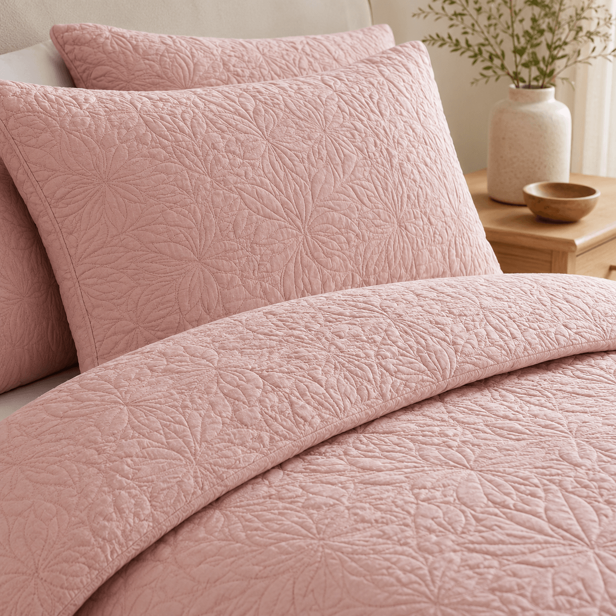 Close-up of Aarniva blush pink quilted bedding set showcasing soft texture and detailed stitching.
