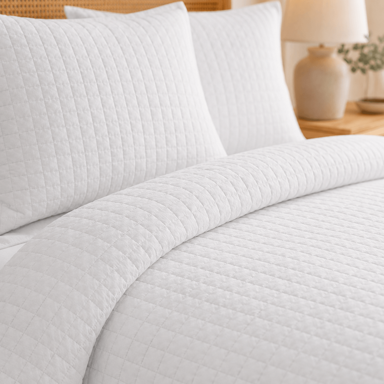 Aarniva Quilted Bedding Set King Queen, soft and lightweight white quilted fabric on a bed with coordinated pillows.