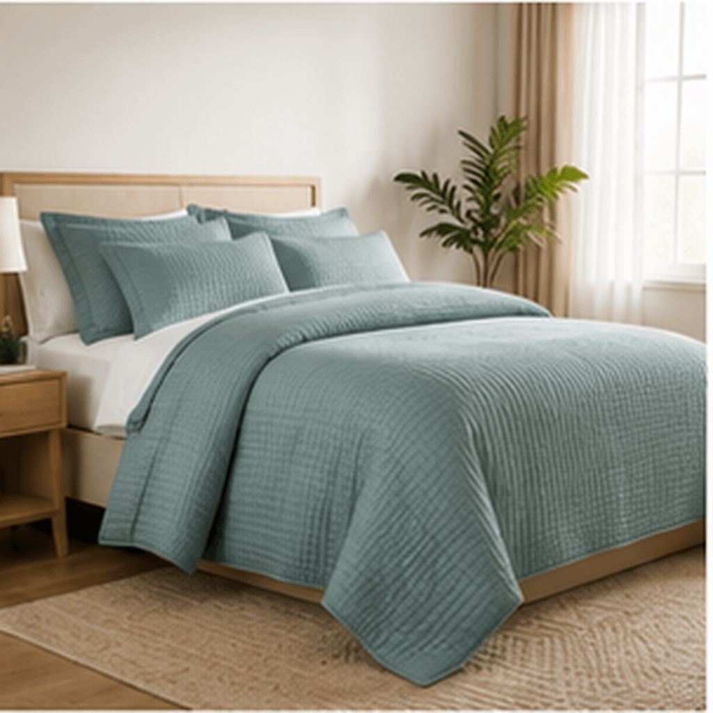 Aarniva Quilted Bedding Set in dusty teal, a soft and lightweight 4-piece set for king/queen beds.