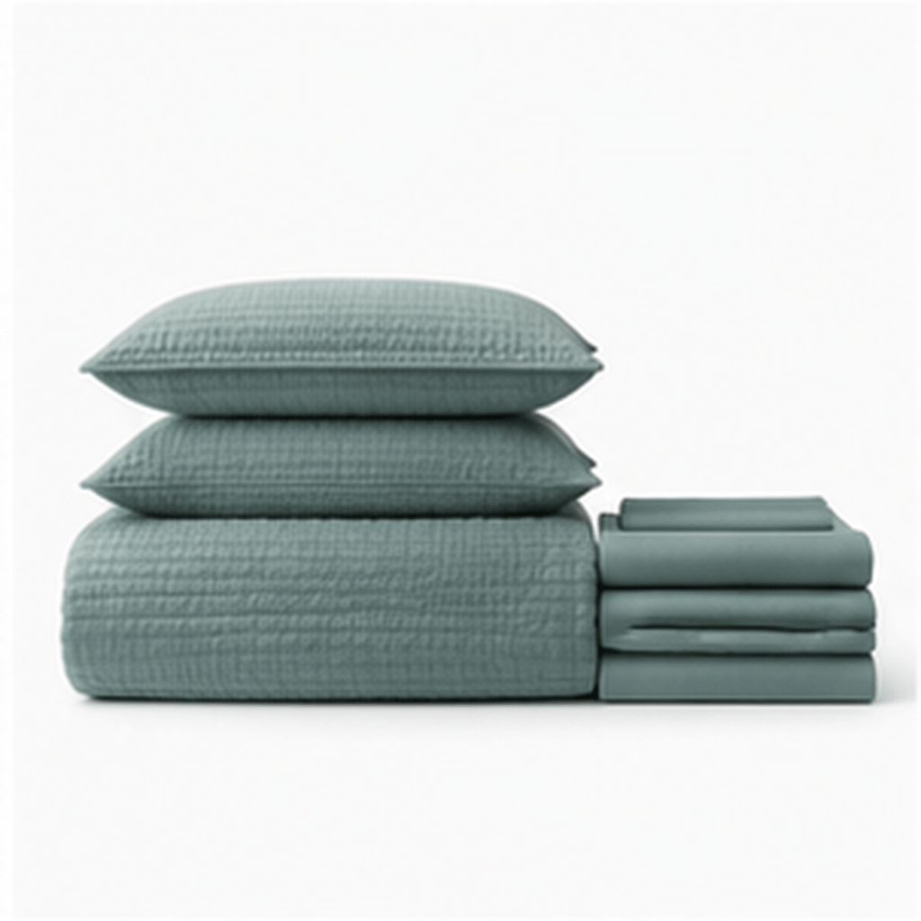 Aarniva Quilted Bedding Set in dusty teal, featuring stacked quilted cover and pillows for a stylish, lightweight look.