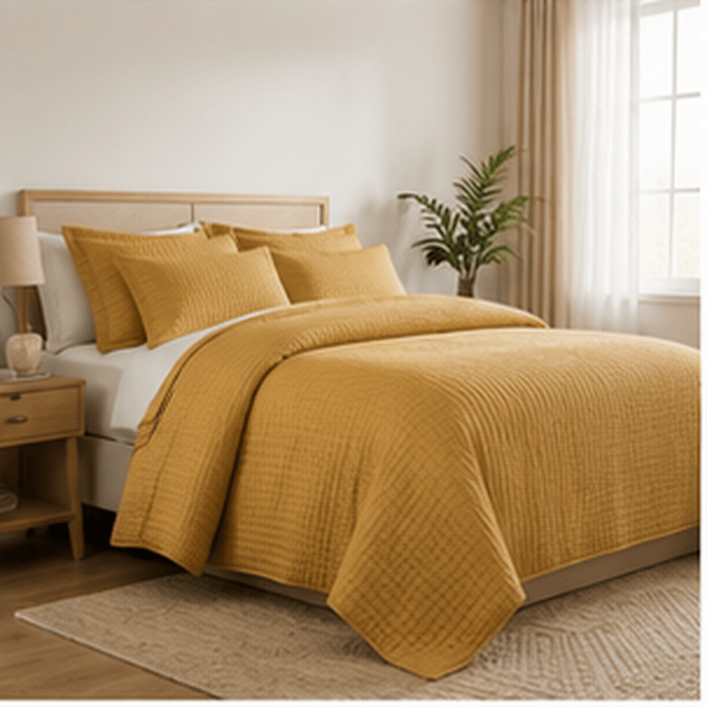 Aarniva quilted bedding set in golden mustard color, showcasing soft, lightweight, and stylish design for a cozy bedroom.