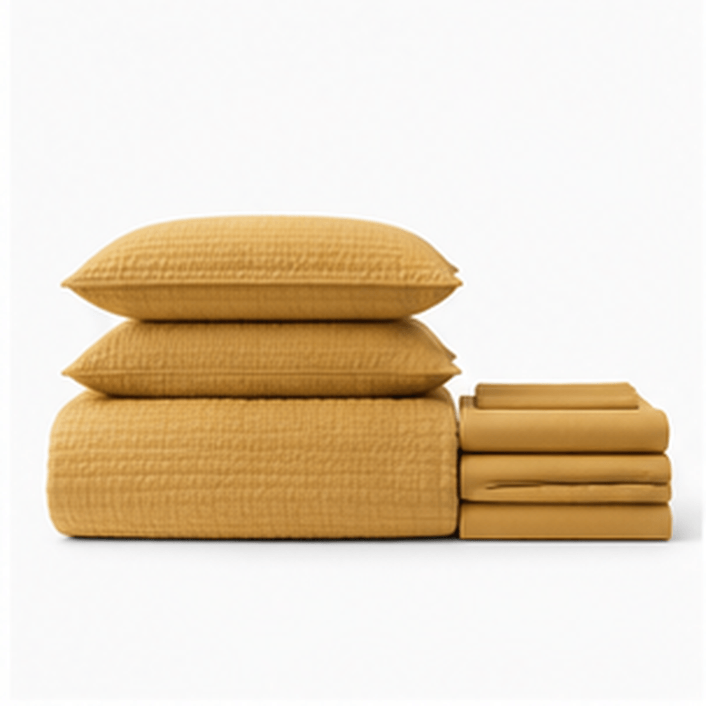 Aarniva quilted bedding set in golden mustard color, including pillow and quilted cover, soft and lightweight design.