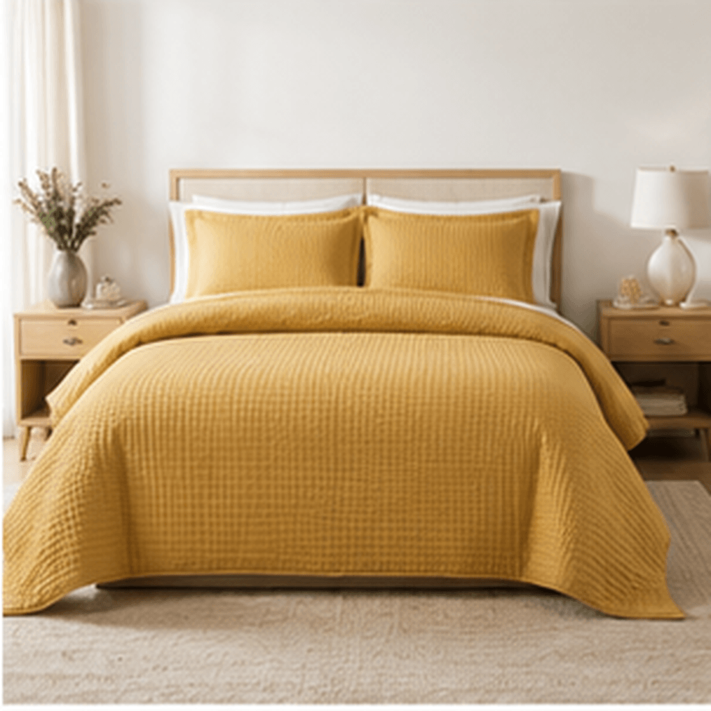 Aarniva quilted bedding set in golden mustard color displayed on a bed with matching pillows and a decorative setup.
