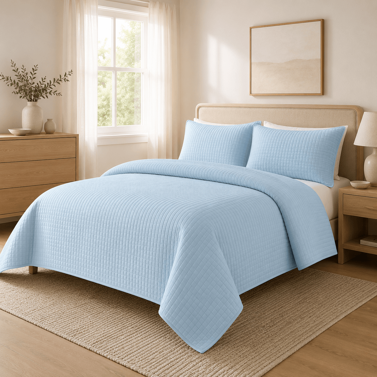 Aarniva powder blue quilted bedding set displayed on a bed, featuring a quilted top cover and matching pillow shams.