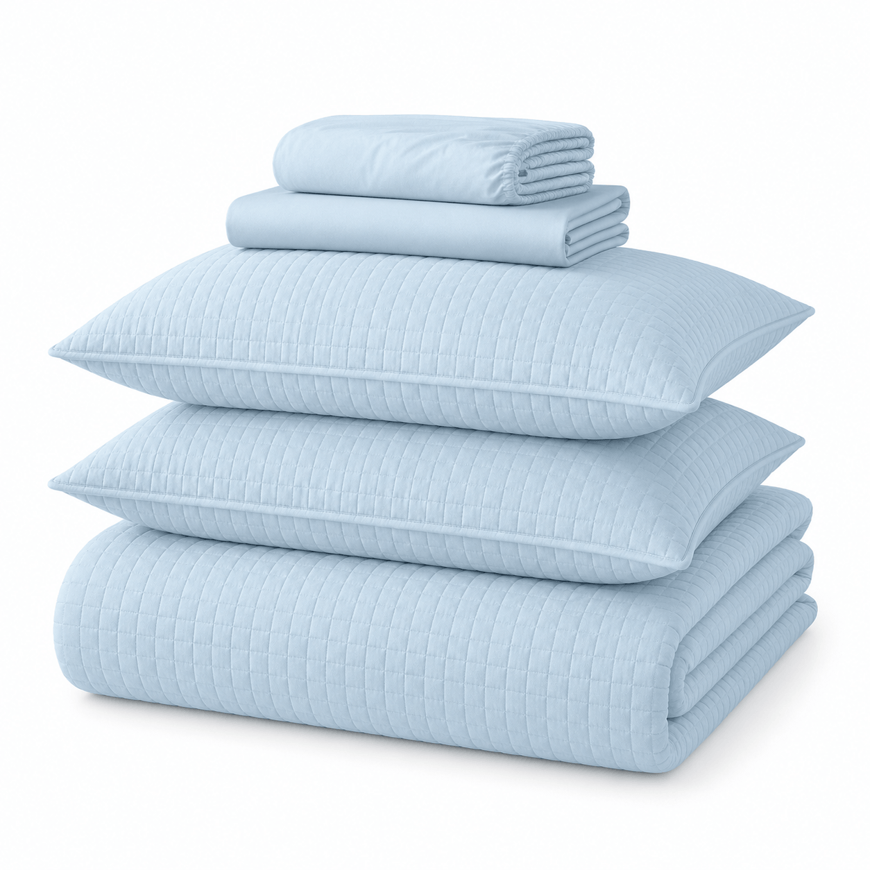 Aarniva powder blue quilted bedding set featuring soft, lightweight pillows and quilt, stacked for a cozy bedroom display.