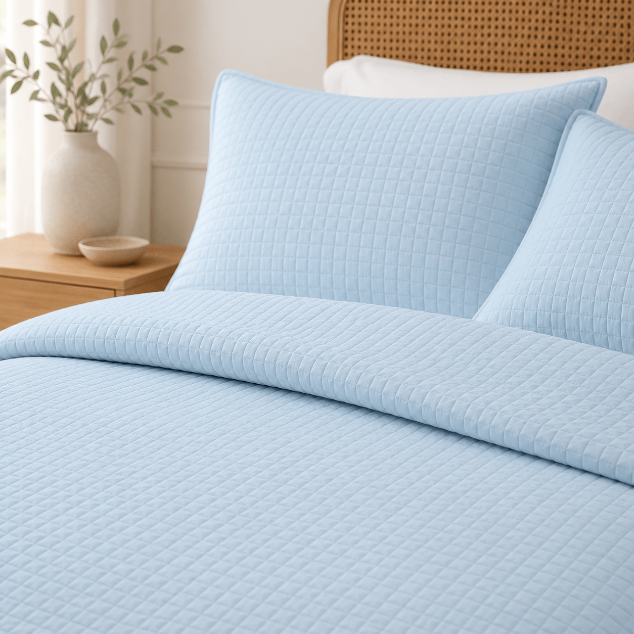 Aarniva powder blue quilted bedding set displayed on a bed with pillows and a subtle stitched grid texture.