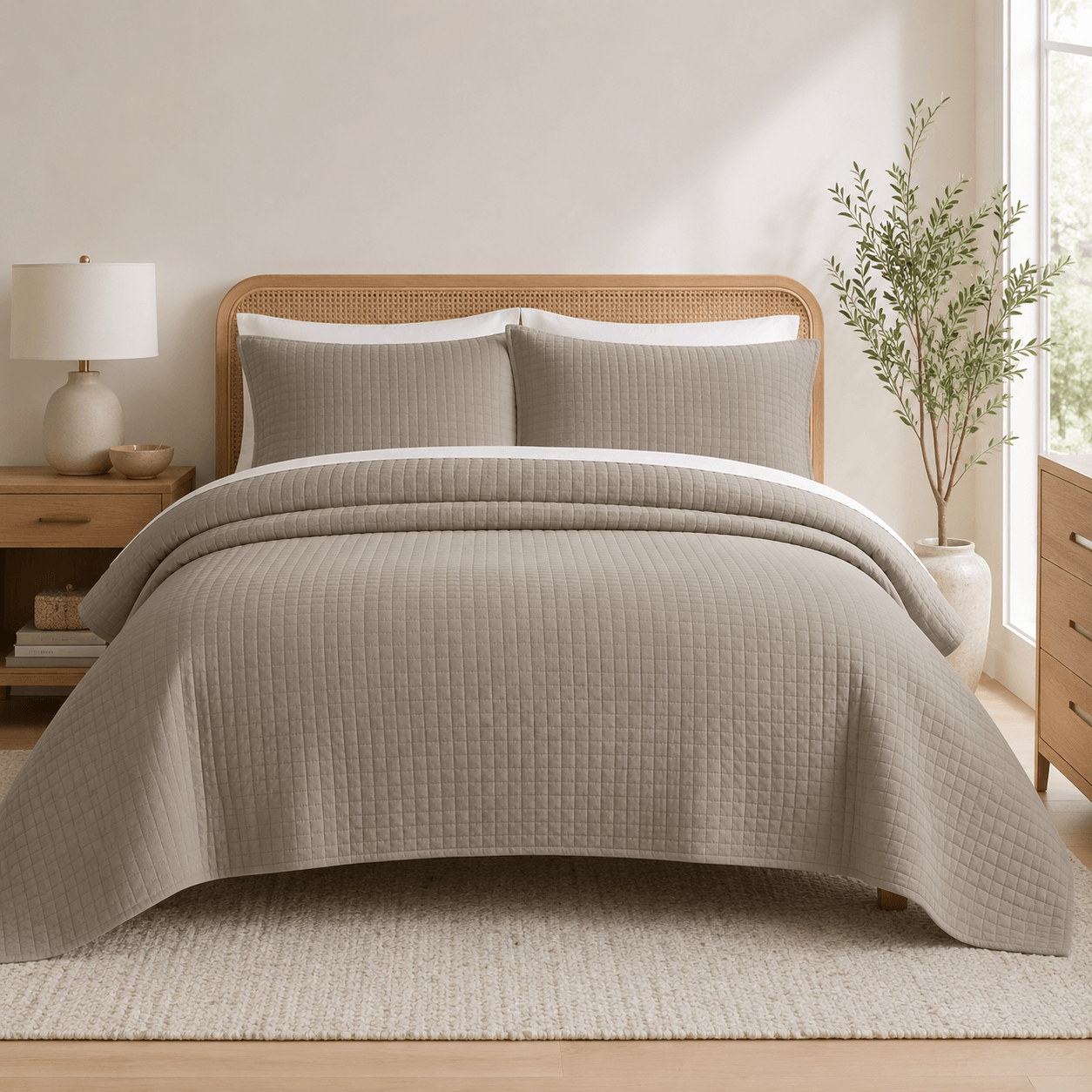 Aarniva quilted bedding set displayed on a bed, featuring soft stone taupe color with a textured design.