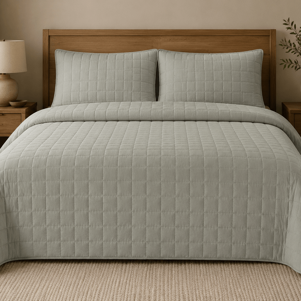 Aarniva quilted bedding set in stone taupe, featuring a soft, lightweight design for a king or queen bed.