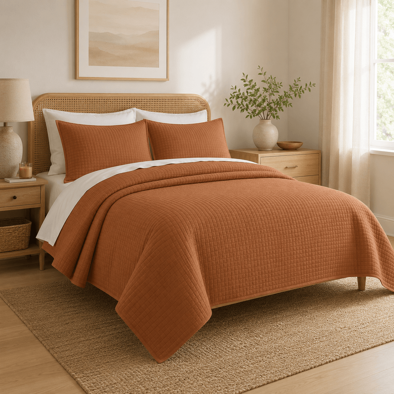 Aarniva quilted bedding set terracotta brown showcased on a king-size bed with matching pillows and decor.