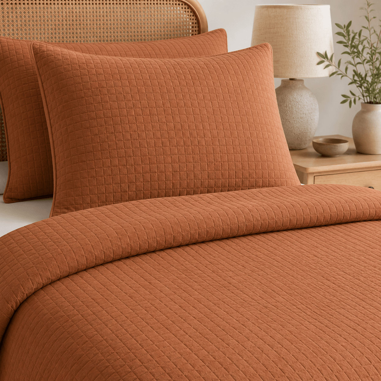 Aarniva quilted bedding set terracotta brown with quilted texture on a bed.