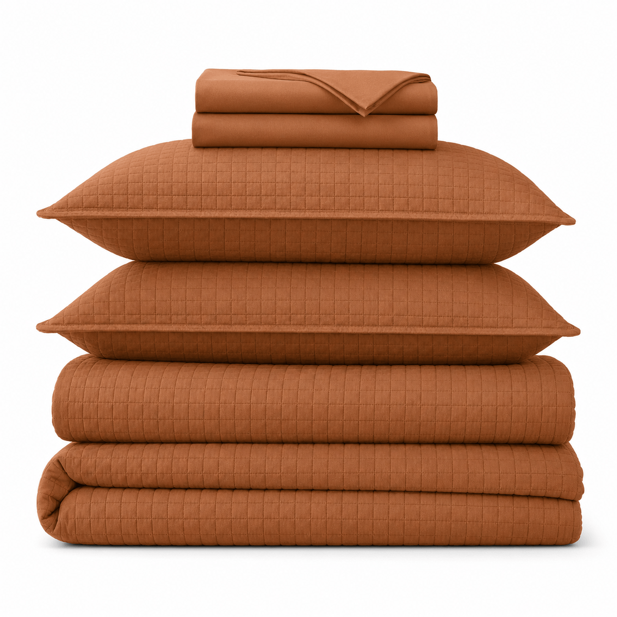 Aarniva Quilted Bedding Set terracotta brown stacked with pillows and cover, soft lightweight 4-piece ensemble.