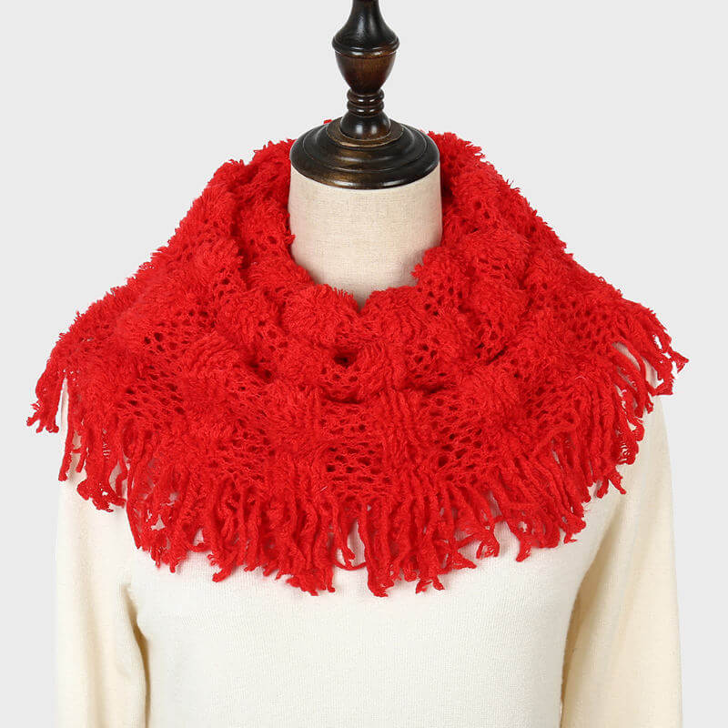 Aarniva Plaid Knitted Loop Scarf Snood | Infinity Neck Scarf | Soft Acrylic Fabric | Fringe Tassel Design | Lightweight & Cozy | 1-Piece in red