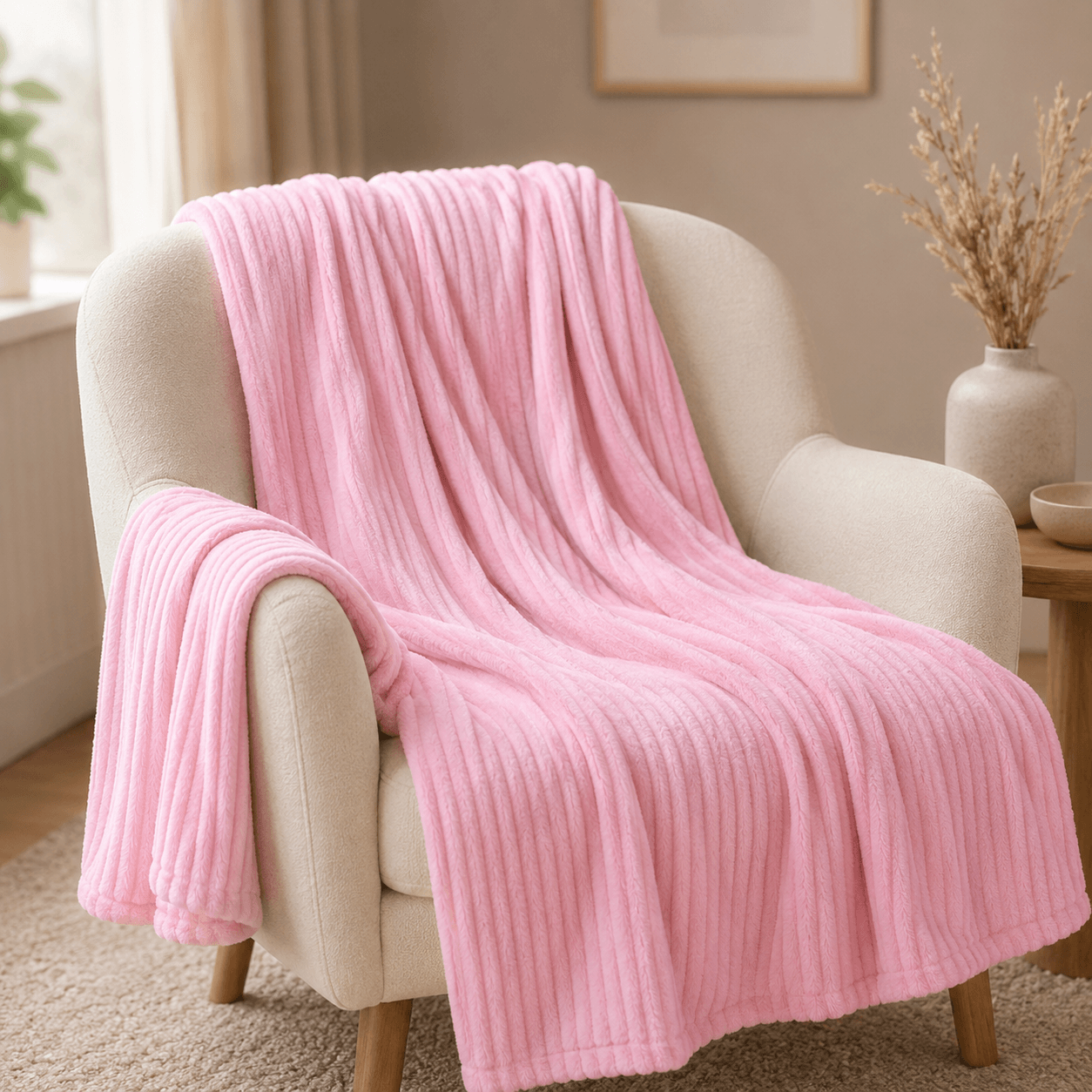 Aarniva soft flannel throw blanket in baby pink color draped over a chair, showcasing its ribbed texture and cozy softness.