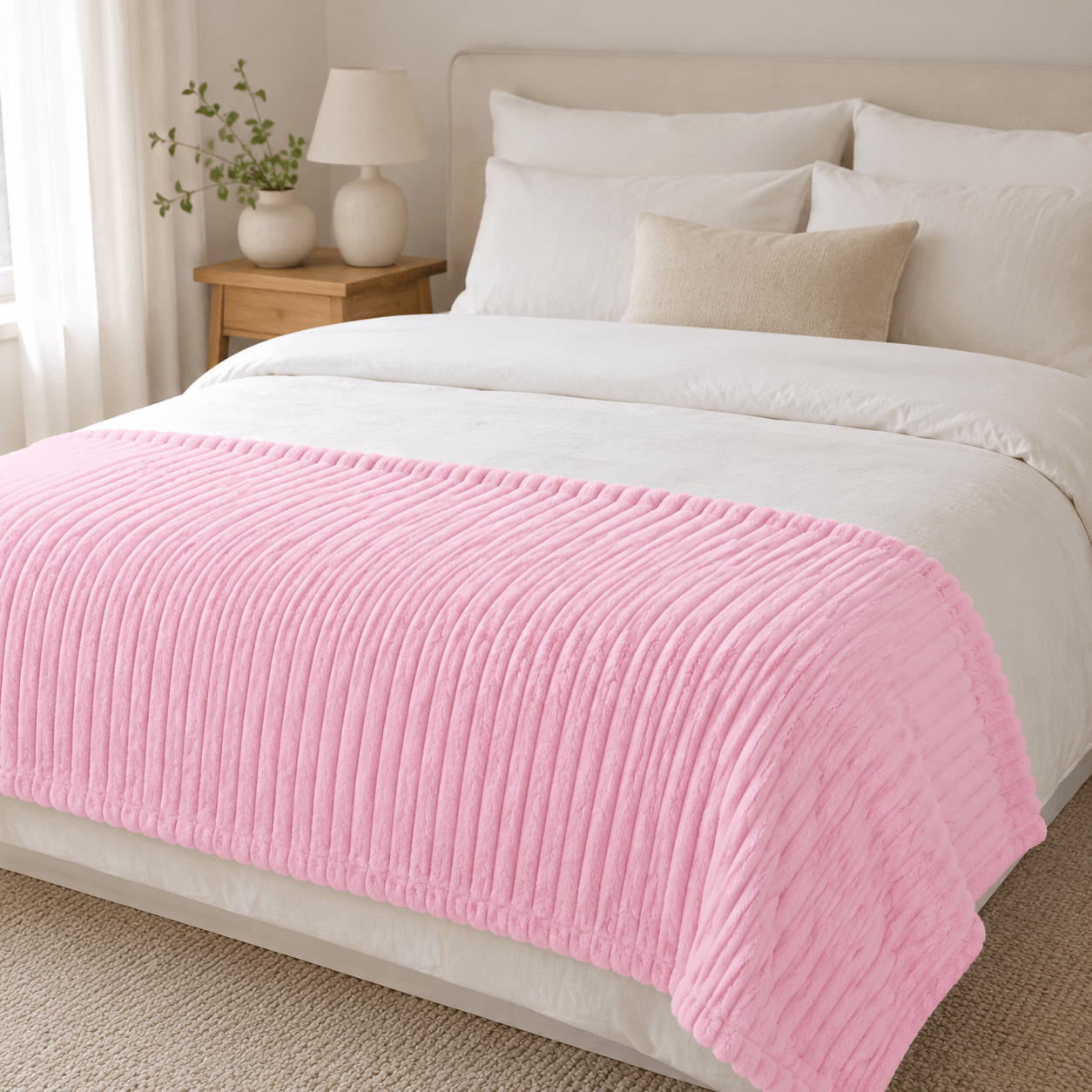 Aarniva soft flannel throw blanket in baby pink on a bed, featuring ribbed texture for cozy comfort and modern style.