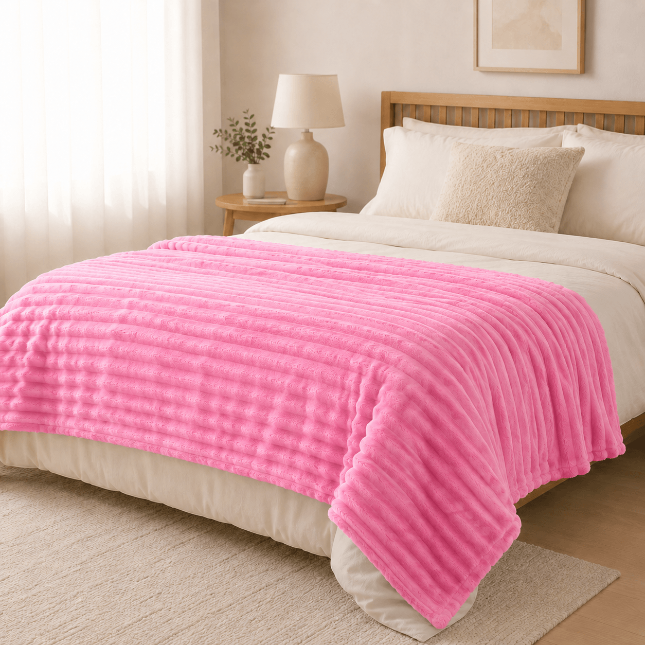 Aarniva Soft Flannel Throw Blanket in bright pink on a bed, showcasing its ribbed texture and ultra-soft fabric.