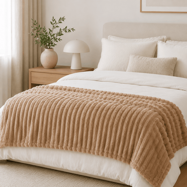 Aarniva Soft Flannel Throw Blanket on a bed, featuring ribbed texture in camel beige for comfort and style.