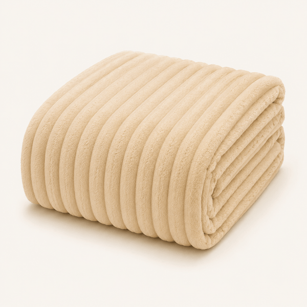 Aarniva cozy flannel throw blanket with ribbed texture in cream beige color, perfect for warmth and comfort.