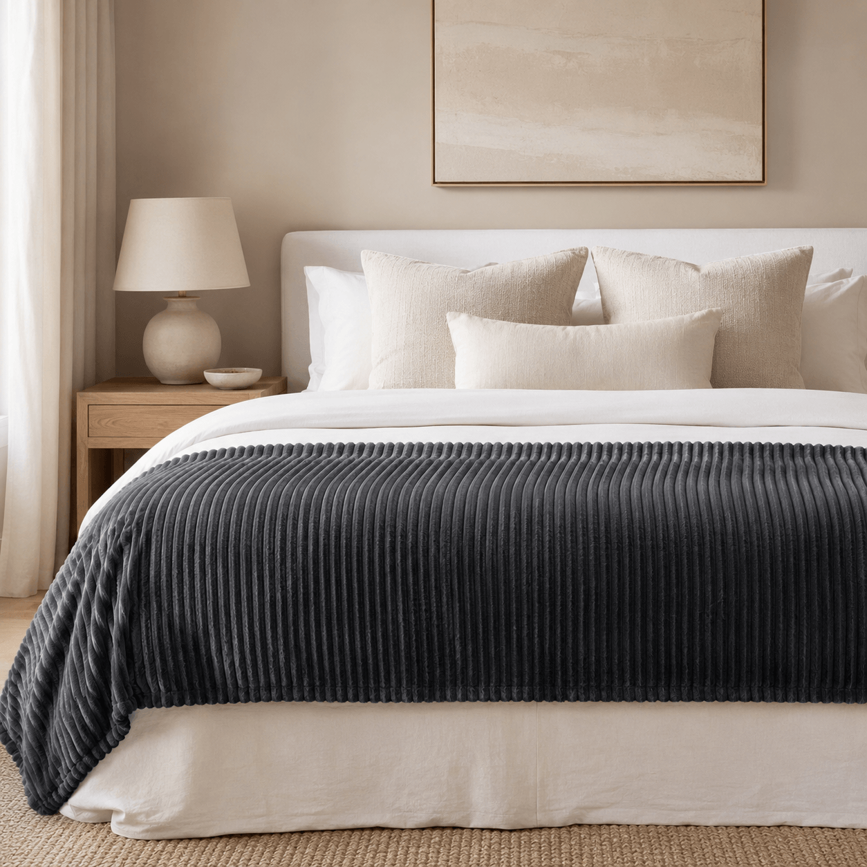 Aarniva Soft Flannel Throw Blanket on a bed with pillows, showcasing ribbed texture and dark charcoal color.