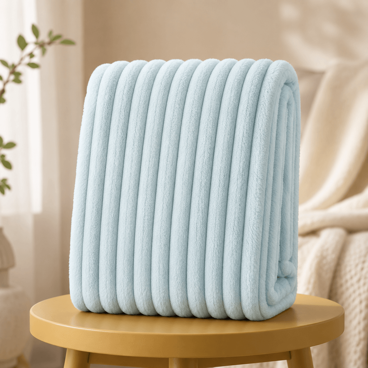 Aarniva Soft Flannel Throw Blanket in ice blue with ribbed texture on a wooden table for cozy home decor.