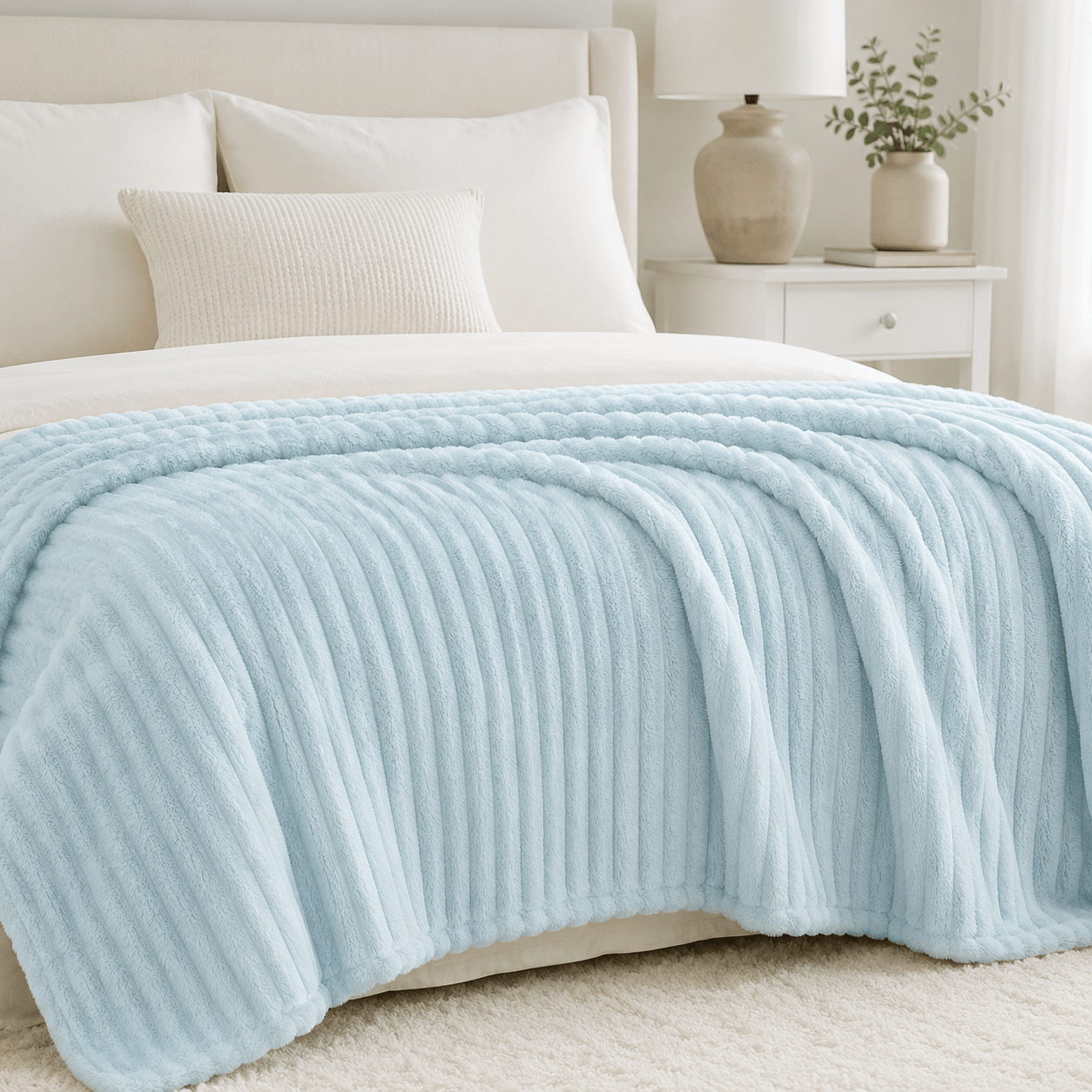 Aarniva Soft Flannel Throw Blanket with ribbed texture in ice blue, showcasing ultra-soft comfort on a modern bed setting.