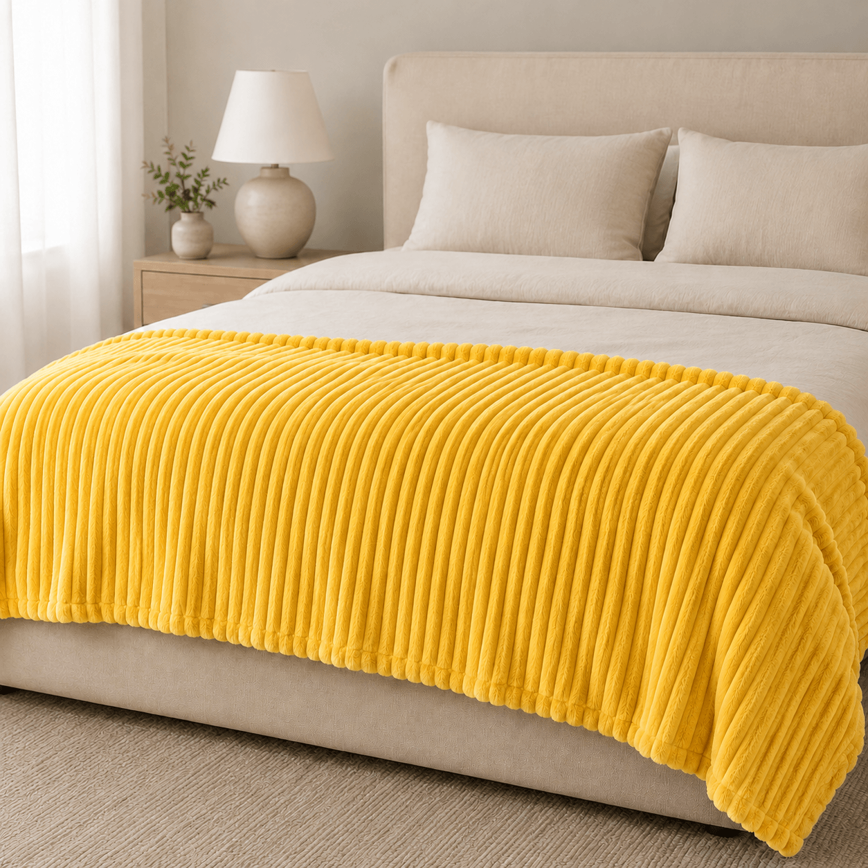 Aarniva Soft Flannel Throw Blanket in sunshine yellow with ribbed texture on a cozy bed.
