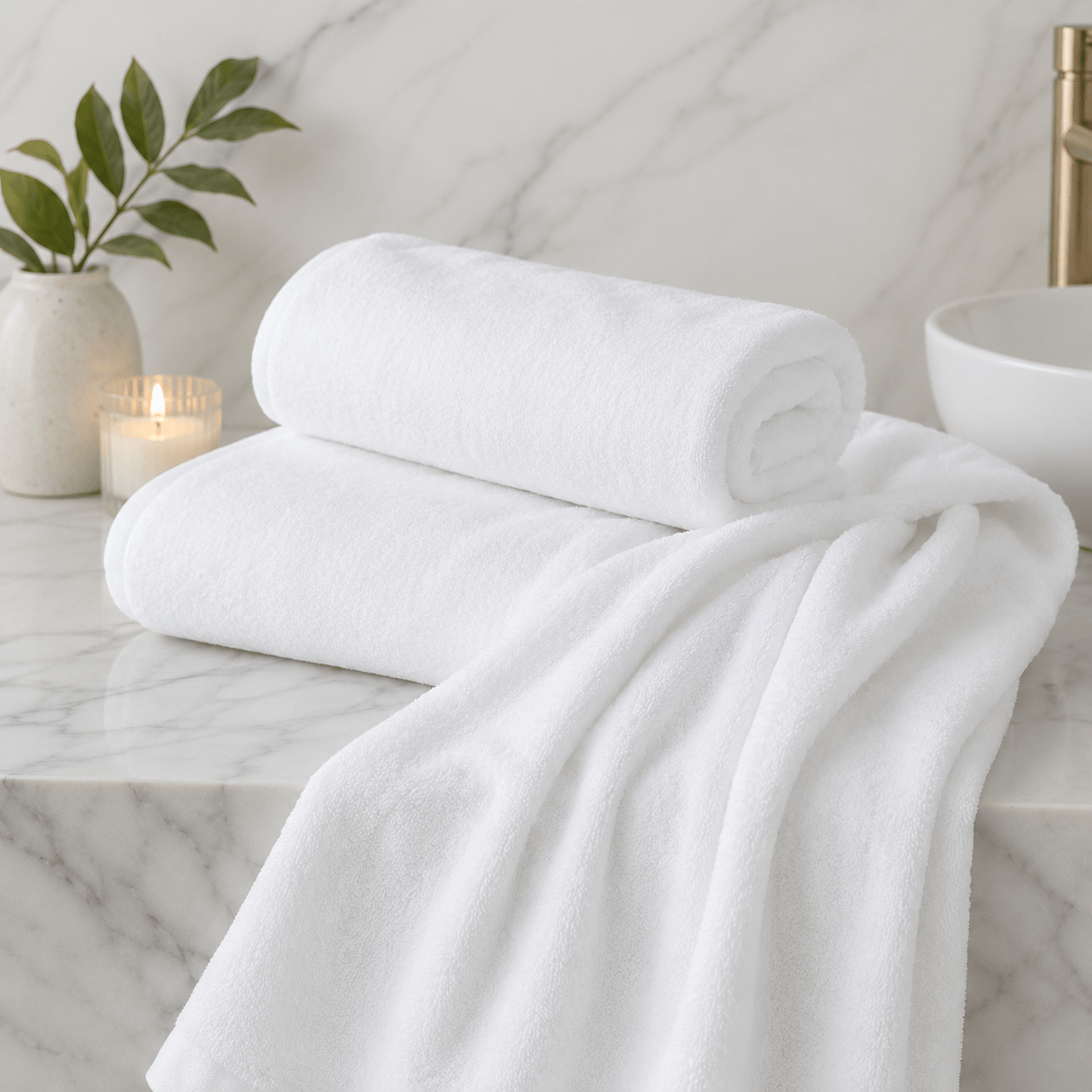 Aarniva Cotton Hotel Bath Towels stacked on a marble countertop, showcasing hotel quality cotton bath towels in classic white.