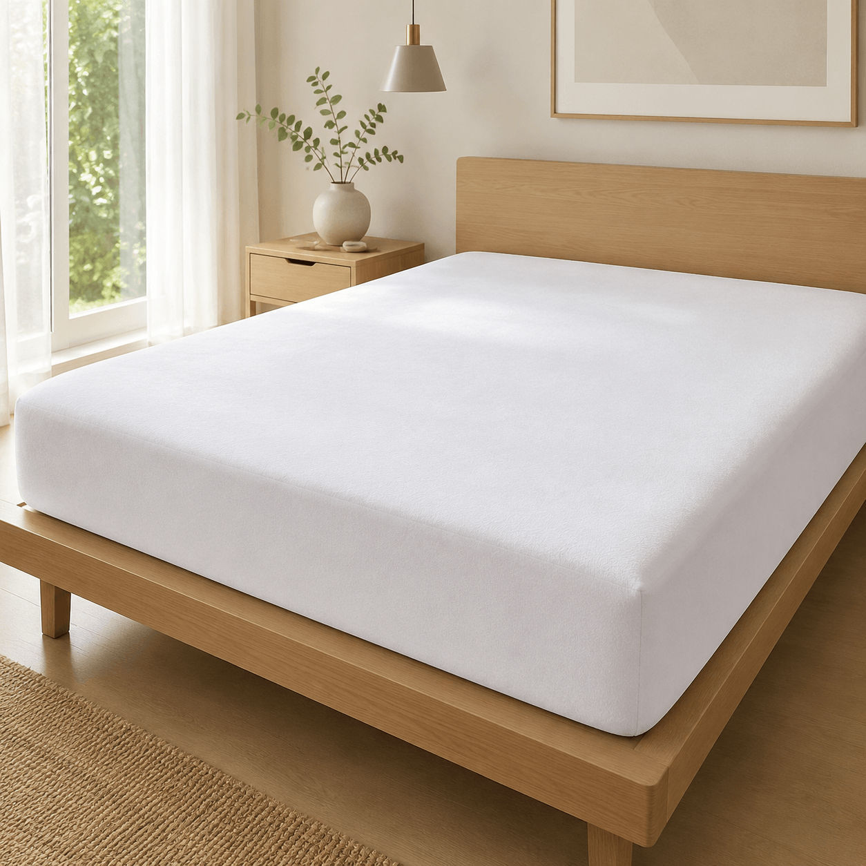 Aarniva Waterproof Terry Mattress Protector in white, soft and breathable, fully elasticized fit for mattress protection.