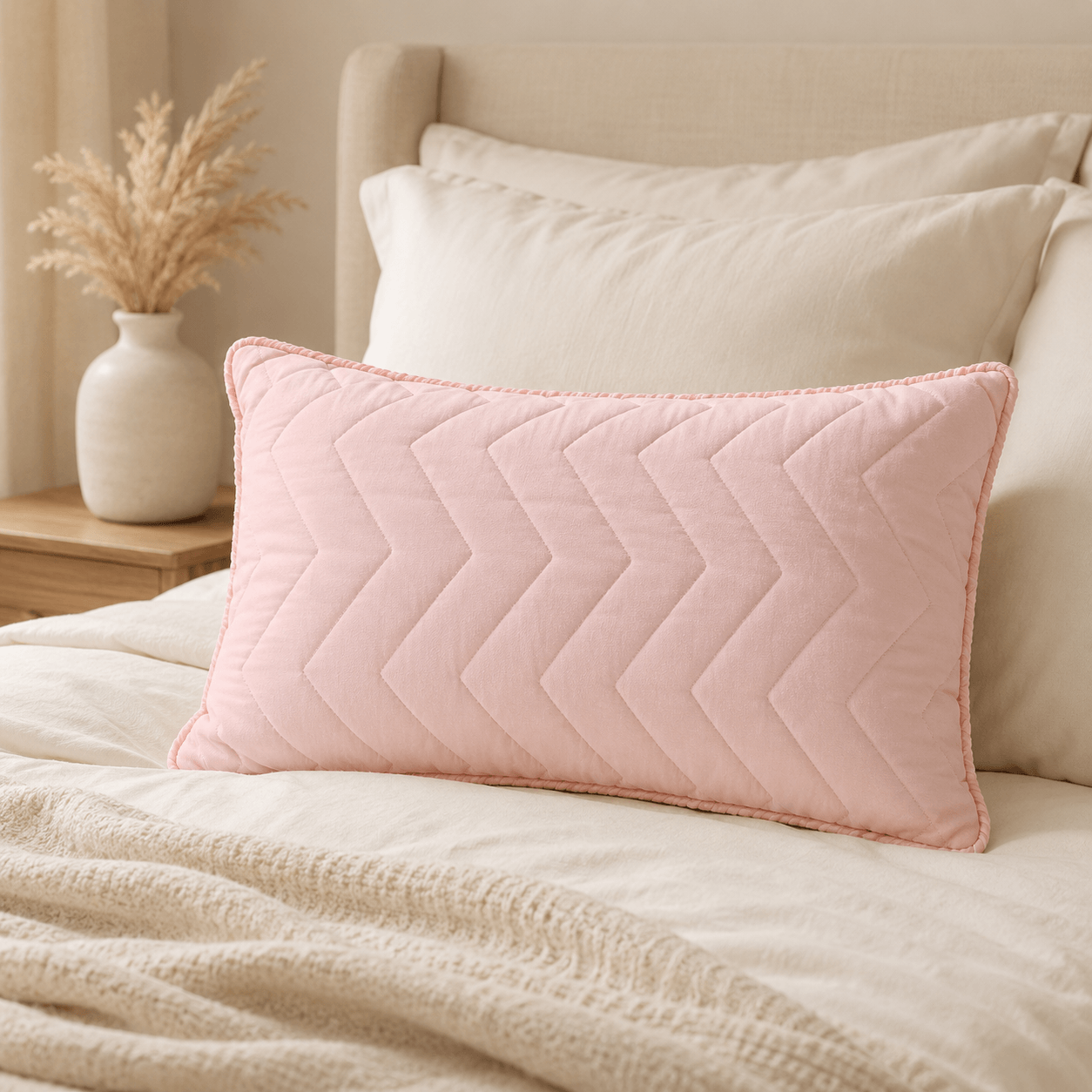 Aarniva Zigzag Quilted Pillow in pink color on a cozy bed with soft bedding, plush feel, and modern style.
