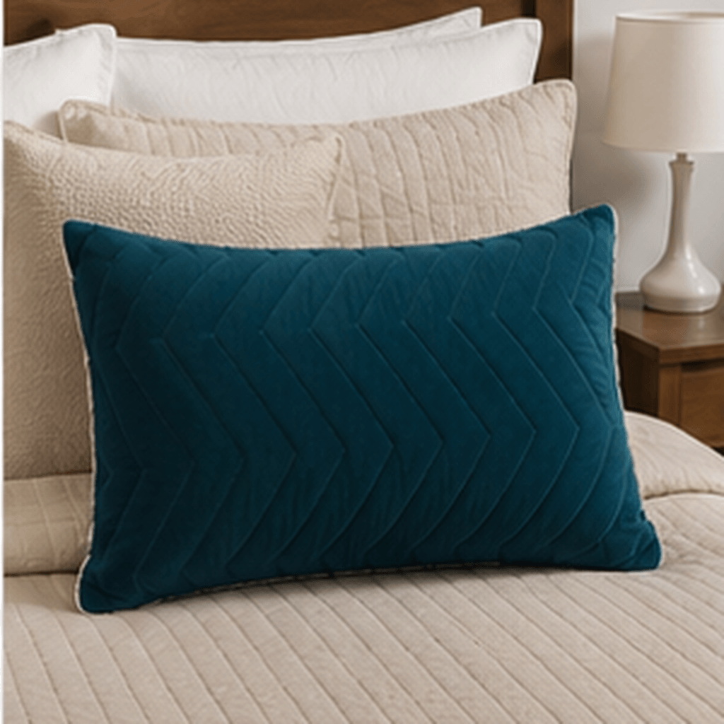 Aarniva Zigzag Quilted Pillow in teal color with chevron design, placed on a bed for added comfort and style.