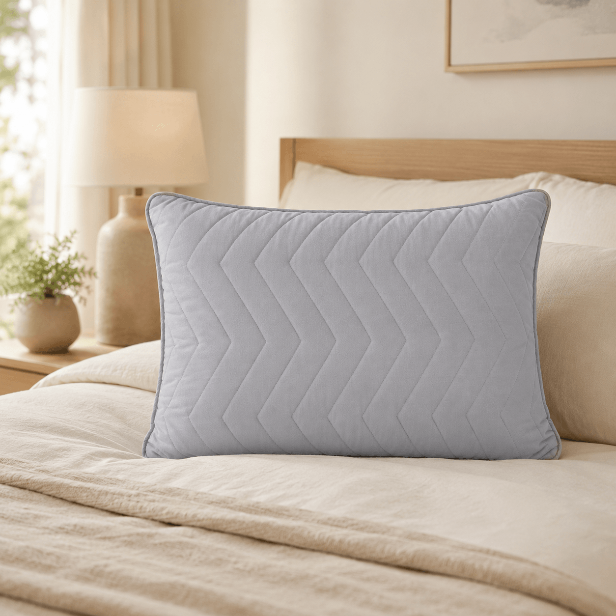 Aarniva Zigzag Quilted Pillow in grey on a bed, showcasing plush microfiber fill and modern design.