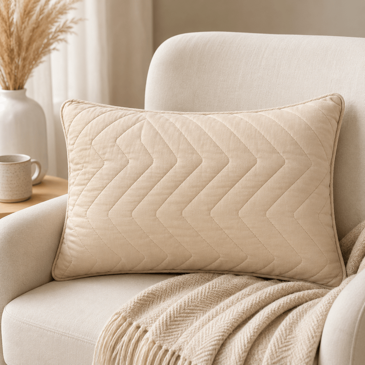 Aarniva Zigzag Quilted Pillow | 27 x 17 in | Soft Microfiber Fill | Plush & Supportive | Solid Colour Design | 1-Piece in beige.