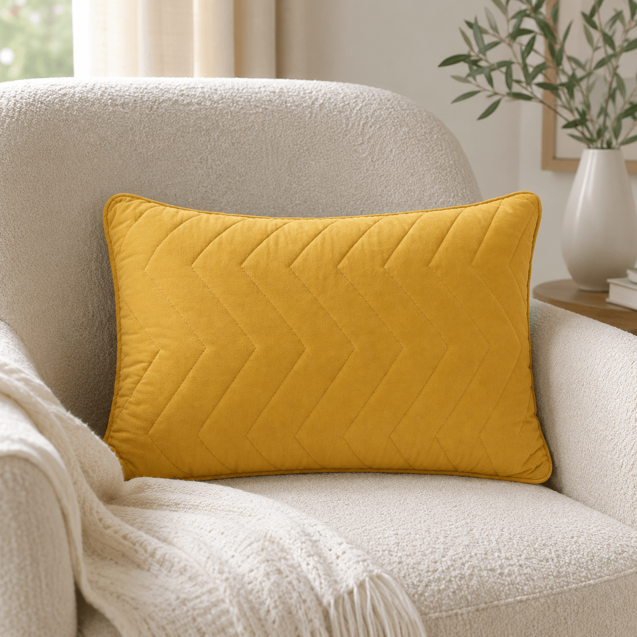 Aarniva Zigzag Quilted Pillow in Mustard Yellow on a cozy chair, featuring soft microfiber fill and zigzag design.