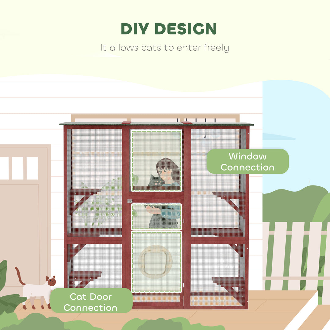 PawHut Large Outdoor Catio Enclosure, Weatherproof Cat House with Asphalt Roof,  Wooden Cat Patio Cage with 6 Balanced Platforms, 71" x 39" x 71", Grey