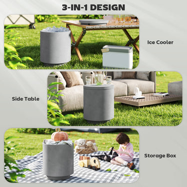 HOMCOM 2.6 Gal Outdoor Side Table, 3-In-1 Concrete Cooler Bar Table with Storage, Removable Ice Bucket and Lid, Light Grey