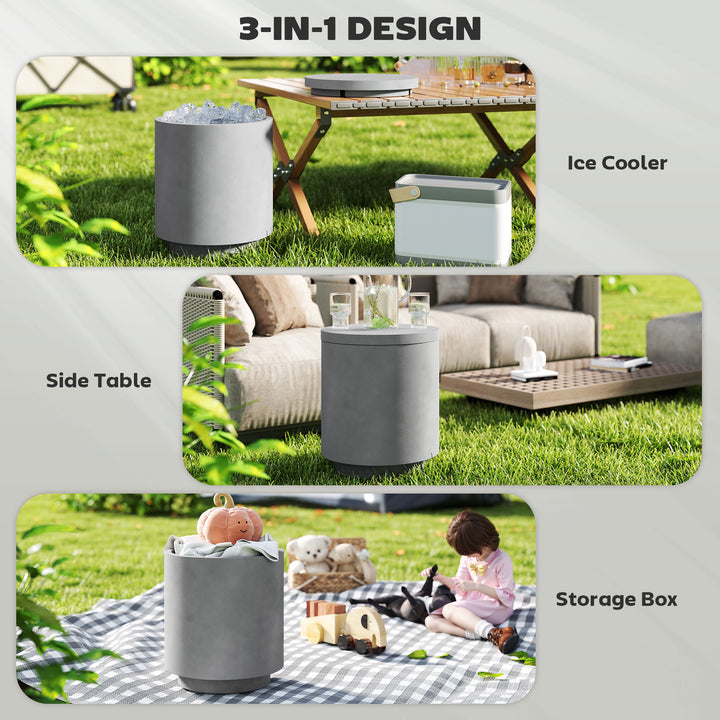 HOMCOM 2.6 Gal Outdoor Side Table, 3-In-1 Concrete Cooler Bar Table with Storage, Removable Ice Bucket and Lid, Light Grey