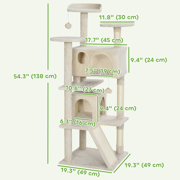 PawHut 54" Cat Tree, Multi-Level Cat Tower with Scratching Posts, Cat Condos, Bed, Platforms, Ramp, Toy Ball, Dark Blue