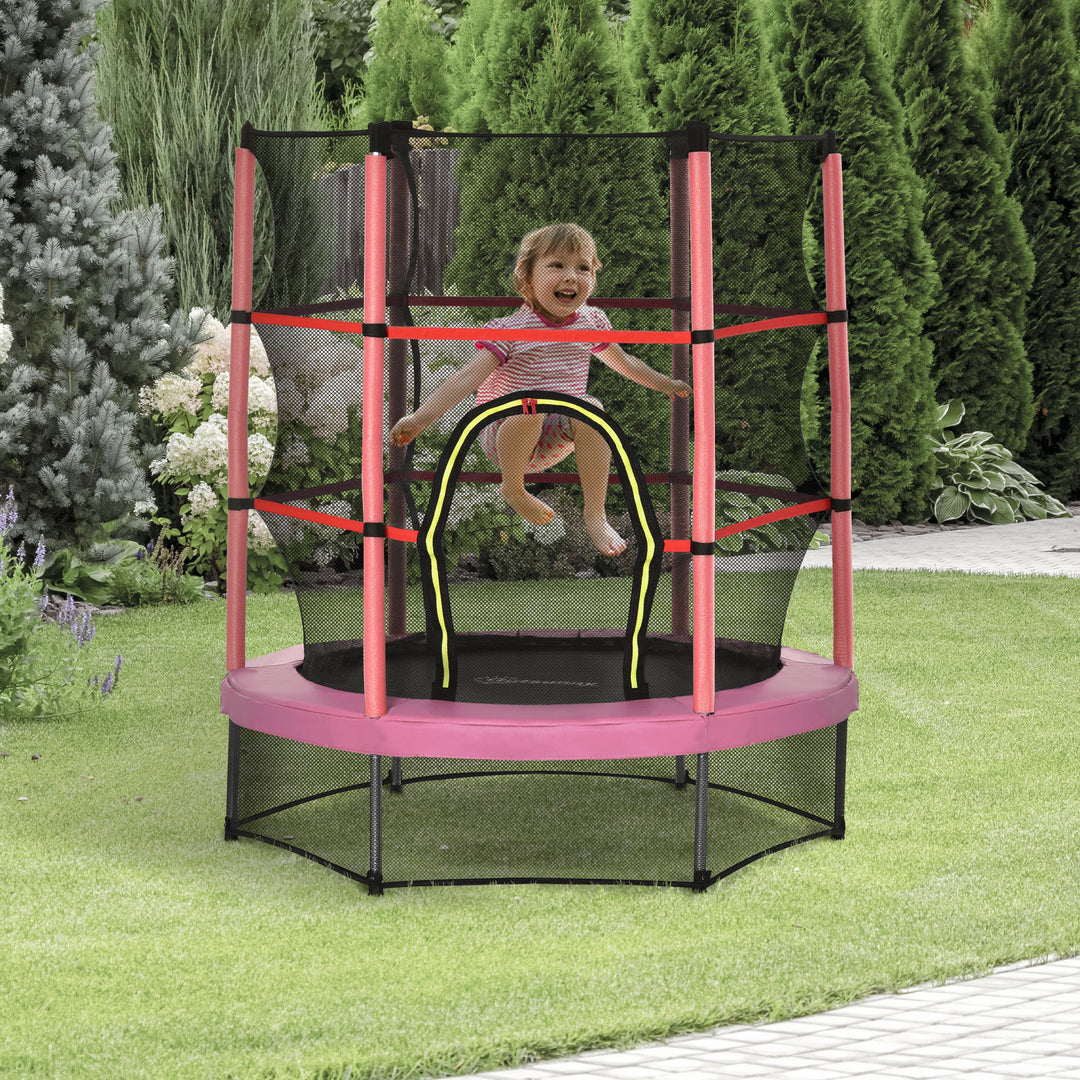 Outsunny 55" Kids Trampoline with Enclosure Net for Indoor/Outdoor, Trampoline for Boys and Girls Age 3-6 Years, Pink