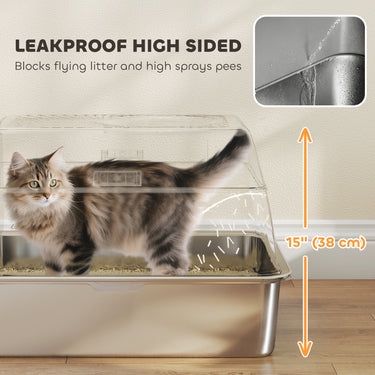 PawHut XL Stainless Steel Cat Litter Box, 80L Kitty Litter Box with Front/Top Entry, Trapping Step, Scoop, for Large Big Cats