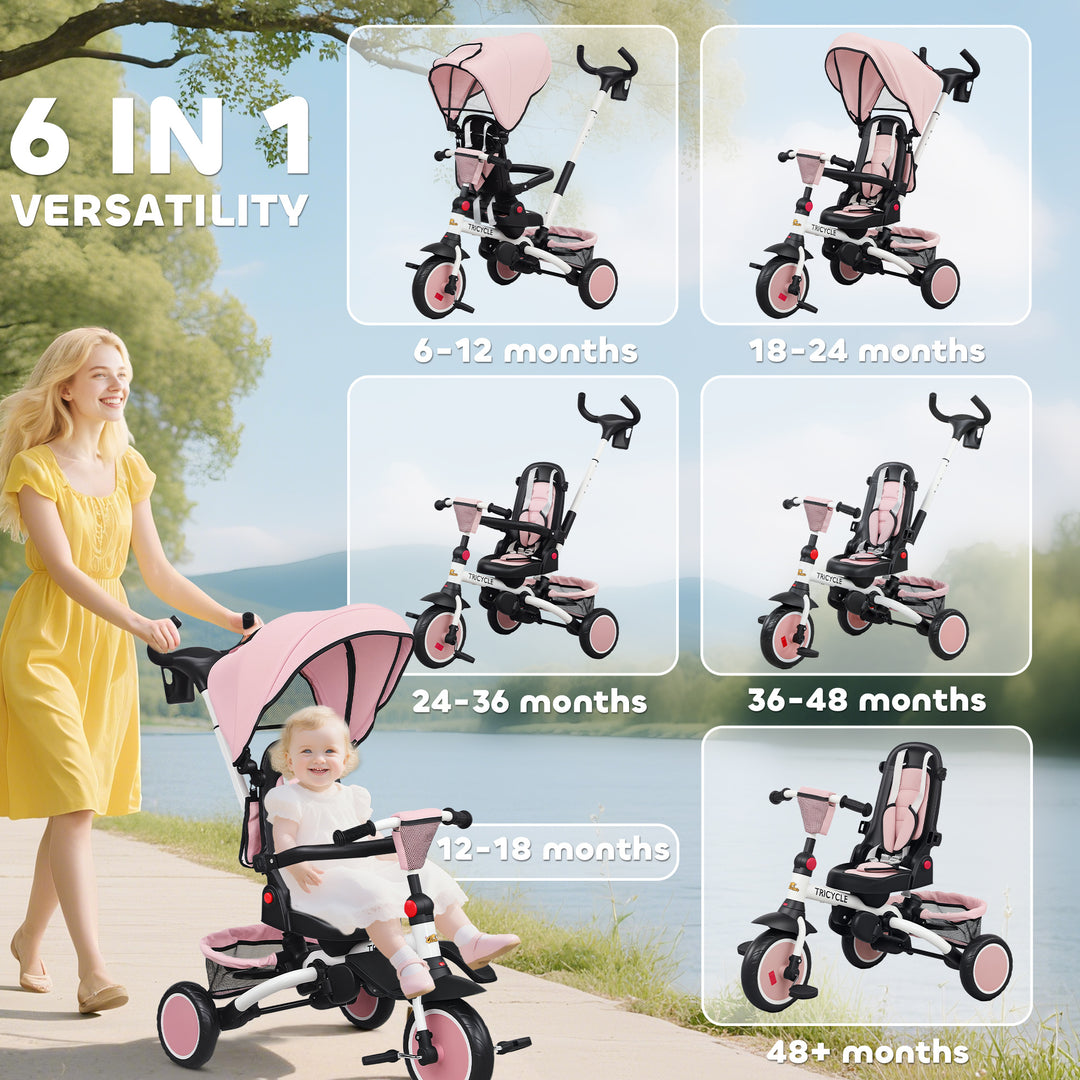 Qaba 6 in 1 Toddler Tricycle for 1-5 Years Old with Push Handle, Removable Canopy, Rotatable Seat, Pink