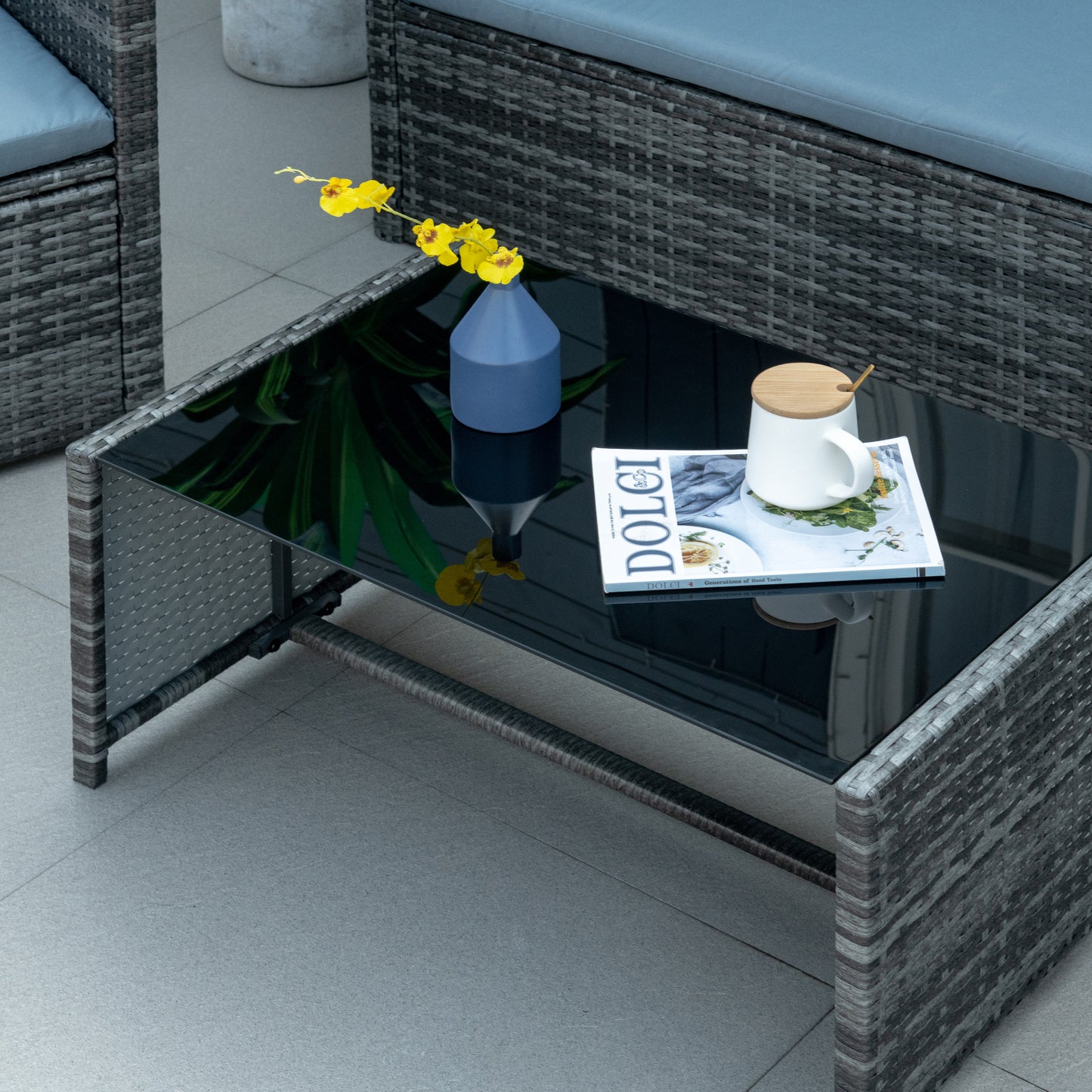 Outsunny 4 Pieces Patio Furniture Set with Cushions, Outdoor PE Rattan Wicker Conversation Garden Sofa Set with 2-Seater Chairs & Glass Coffee Table, Grey