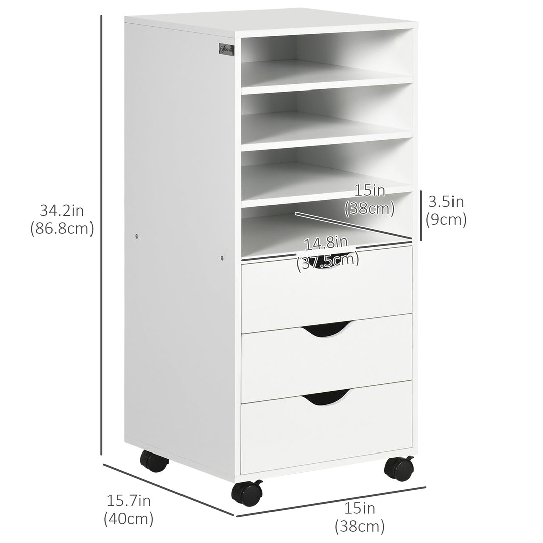 Vinsetto Vertical Filing Cabinet, Mobile File Cabinet on Wheels with 3 Drawers and 4 Open Shelves, Printer Stand with Lockable Casters for Home Office, White
