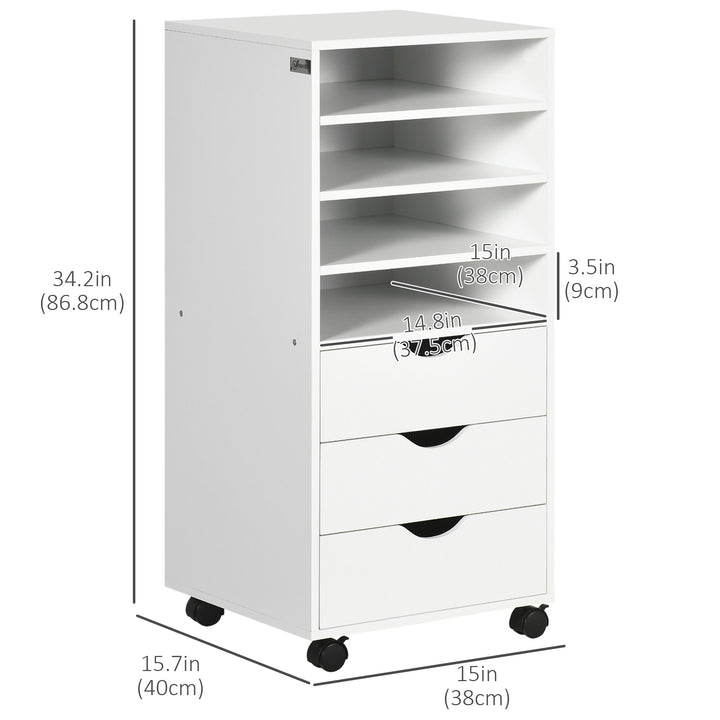 Vinsetto Vertical Filing Cabinet, Mobile File Cabinet on Wheels with 3 Drawers and 4 Open Shelves, Printer Stand with Lockable Casters for Home Office, White