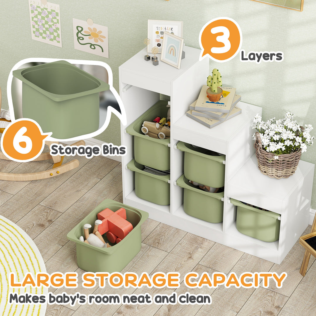 Qaba 3 Layers Toy Storage Organizer Kids Bookshelf Children Toy Storage w/ 6 Plastic Bins, Grey