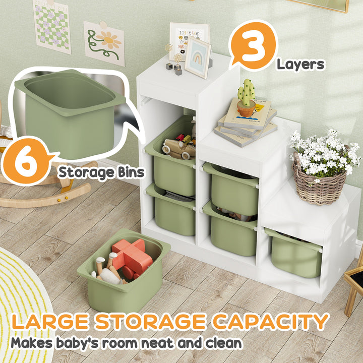 Qaba 3 Layers Toy Storage Organizer Kids Bookshelf Children Toy Storage w/ 6 Plastic Bins, Grey