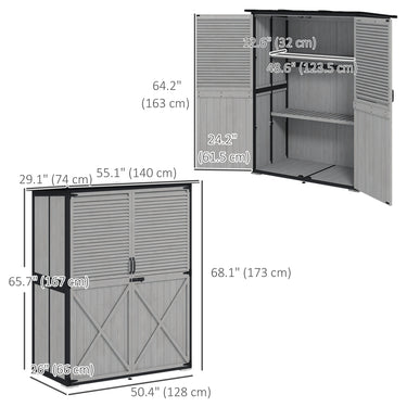 Outsunny Outdoor Storage Cabinet, Wood Garden Shed with Steel Frame, Asphalt Roof, 2 Shelves and Lockable Doors, Grey