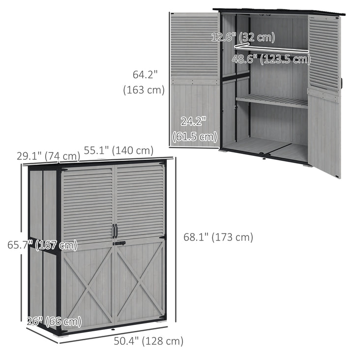 Outsunny Outdoor Storage Cabinet, Wood Garden Shed with Steel Frame, Asphalt Roof, 2 Shelves and Lockable Doors, Grey